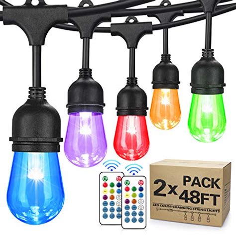 2-Pack 48FT Outdoor String Lights with Remote Control, RGBW Dimmable Multi-Color LED Hanging Lights, Sync to Music, Waterproof Commercial Patio String Lights for Party Café Bistro Pergola 96ft Totally