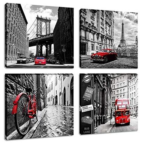 Black and White Cityscape Canvas Wall Art Prints Paintings Brooklyn Bridge Eiffel Tower London Red Bus Pictures for Living Room Decor