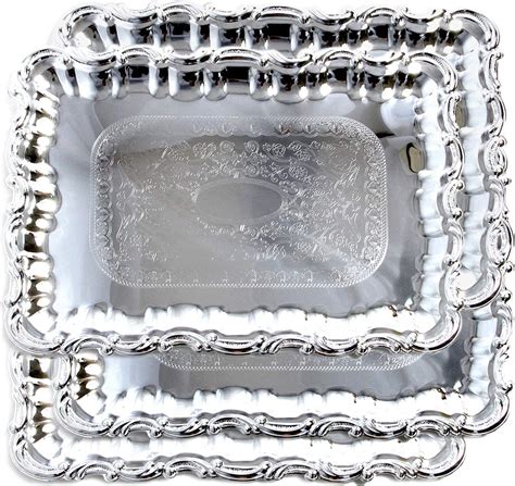 Buy 2 get 3 Maro Megastore (Pack of 4) 17.1-Inch x 14.2-Inch Rectangular Shape Chrome Plated Serving Deco Tray Floral Pattern Engraved Wedding Cake Party Food Buffet Dessert Snack Platter (Large) T191l-4pk