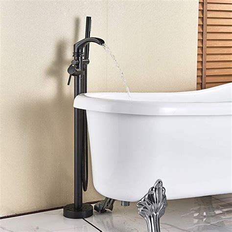Senlesen Black Freestanding Bathtub Shower Mixer Taps Floor Mounted Single Handle Clawfoot Tub Filler Shower Faucets with Hand Sprayer