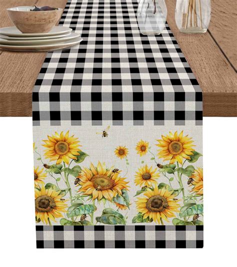 Summer Sunflower Table Runner 13"×68"， Embroidered Flowery Sunflower Dresser Scarf Table Topper ,Yellow Color